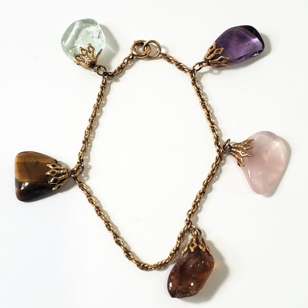 Vintage 12k Gold Filled Semi-Precious 5 Gemstone Bracelet 7"